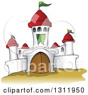 Clipart Of A Cartoon White Castle With Red Turrets And Green Flags Royalty Free Vector Illustration