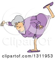 Cartoon Chubby Senior White Woman In A Purple Robe Balancing On One Foot