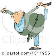 Poster, Art Print Of Cartoon Chubby Senior White Man In A Green Robe Balancing On One Foot