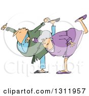 Cartoon Chubby Senior Couple In Robes Balancing On One Foot