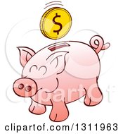 Poster, Art Print Of Cartoon Pink Piggy Bank With A Dollar Coin Over The Slot