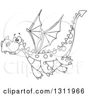 Lineart Clipart Of A Black And White Happy Flying Dragon Royalty Free Outline Vector Illustration by yayayoyo