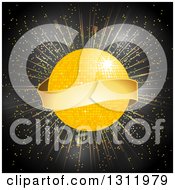 Clipart Of A 3d Blank Gold Banner Around A Disco Ball On A Burst And Black Royalty Free Vector Illustration by elaineitalia