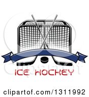 Poster, Art Print Of Black And White Hockey Goal Post With Crossed Sticks A Puck And Blank Blue Banner Over Red Text