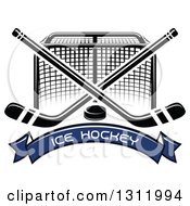 Poster, Art Print Of Black And White Hockey Goal Post With Crossed Sticks A Puck And Blue Text Banner