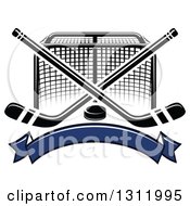 Poster, Art Print Of Black And White Hockey Goal Post With Crossed Sticks A Puck And Blank Blue Banner