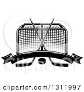 Poster, Art Print Of Black And White Hockey Goal Post With Crossed Sticks A Puck And Blank Banner