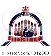 Poster, Art Print Of Navy Blue And Red Bowling Pins And Ball In A Star Arch With A Crown And Blank Red Banner