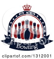 Poster, Art Print Of Navy Blue And Red Bowling Pins In A Star Arch With A Crown And Text Banner