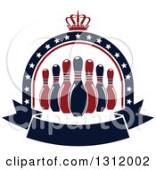 Navy Blue And Red Bowling Pins In A Star Arch With A Crown And Blank Banner