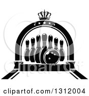 Black And White Bowling Pins And Ball In A Star Arch With A Crown And Blank Banner