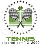 Poster, Art Print Of Tennis Ball And Crossed Rackets Over A Green Court In A Circle Of Black Stars Over Text