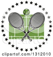 Poster, Art Print Of Tennis Ball And Crossed Rackets Over A Green Court In A Circle Of Black Stars