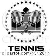 Poster, Art Print Of Black And White Tennis Ball And Crossed Rackets Over A Court In A Circle Of Stars Over Text