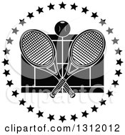 Clipart Of A Black And White Tennis Ball And Crossed Rackets Over A Court In A Circle Of Stars Royalty Free Vector Illustration