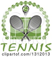 Poster, Art Print Of Tennis Ball And Crossed Rackets Over A Green Court In An Arch Of Balls Over Text