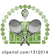 Poster, Art Print Of Tennis Ball And Crossed Rackets Over A Green Court In An Arch Of Balls