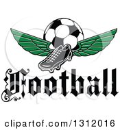 Poster, Art Print Of Black And White Soccer Cleat Shoe With Green Wings And A Ball Over A Text
