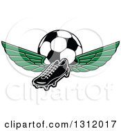 Poster, Art Print Of Black And White Soccer Cleat Shoe With Green Wings And A Ball