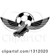 Poster, Art Print Of Black And White Soccer Cleat Shoe With Wings And A Ball