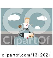Clipart Of A Flat Design White Businessman Stretching Across Cliffs To Let Another Cross On Blue Royalty Free Vector Illustration