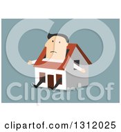 Poster, Art Print Of Flat Design White Businessman Stuck In A Tiny House On Blue