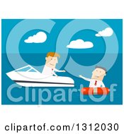 Poster, Art Print Of Flat Design White Businessman In A Boat Rescuing Another On Blue