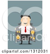 Poster, Art Print Of Flat Design White Businessman With A Coat Full Of Ideas On Blue