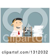 Clipart Of A Flat Design White Businessman Using An Abacus On Blue Royalty Free Vector Illustration
