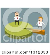 Poster, Art Print Of Flat Design White Businessman Standing On A Majority Of A Pie Chart And Pointing At Someone With Small Shares On Blue