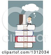 Poster, Art Print Of Flat Design White Businessman Thinking On Top Of A Stack Of Books With A Ladder On Blue