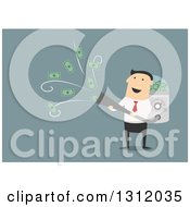 Clipart Of A Flat Design White Businessman Shooting Money Out Of A Blower On Blue Royalty Free Vector Illustration by Vector Tradition SM