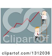 Poster, Art Print Of Flat Design White Businessman On A Ladder Cheering Over A Growth Arrow While Someone Cuts The Ladder On Blue