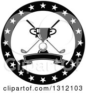 Clipart Of A Black And White Golf Ball Trophy And Crossed Clubs In A Circle Of Stars With A Blank Banner Royalty Free Vector Illustration