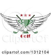 Poster, Art Print Of Golf Ball Green Trophy And Crossed Clubs With Wings And Red Stars Over Text