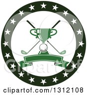 Golf Ball Green Trophy And Crossed Clubs In A Circle Of Stars With A Blank Banner