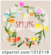Clipart Of A Wreath Made Of Flowers With Spring Text On Beige 3 Royalty Free Vector Illustration