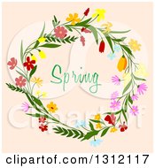 Clipart Of A Wreath Made Of Flowers With Spring Text On Beige 4 Royalty Free Vector Illustration