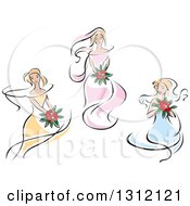 Clipart Of Sketched Brides In Yellow Pink And Blue Dresses Royalty Free Vector Illustration