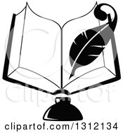 Poster, Art Print Of Black And White Feather Quill Pen Writing In An Open Book Over An Ink Well