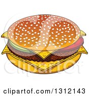 Clipart Of A Cartoon Cheeseburger With A Sesame Seed Bun Royalty Free Vector Illustration