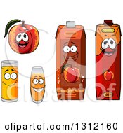 Cartoon Apricot Or Nectarine Character And Juices