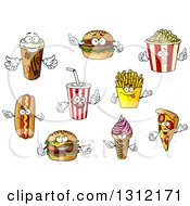 Poster, Art Print Of Cartoon Takeout Coffee Hamburger Popcorn Soda Hot Dog Cheeseburger Ice Cream Cone French Fries And Pizza Characters