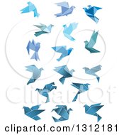 Poster, Art Print Of Flying Blue Origami Pigeons And Doves
