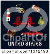 Poster, Art Print Of United States Flat Cultural Icons On Blue