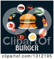 Poster, Art Print Of Flat Design Of A Cheeseburger With Condiments And Ingredients Over Text On Dark Blue