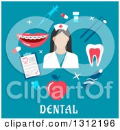 Poster, Art Print Of Dental Flat Design Of A Hygienist With Tools On Blue