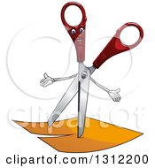 Clipart Of A Happy Scissors Character Over Paper Royalty Free Vector Illustration