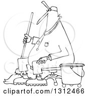 Lineart Clipart Of A Cartoon Black And White Male Custodian Janitor Taking A Break And Sitting In A Chair With A Mop And Bucket Royalty Free Outline Vector Illustration