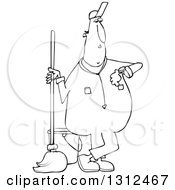 Poster, Art Print Of Cartoon Black And White Male Custodian Janitor Checking His Watch And Standing With A Mop And Bucket